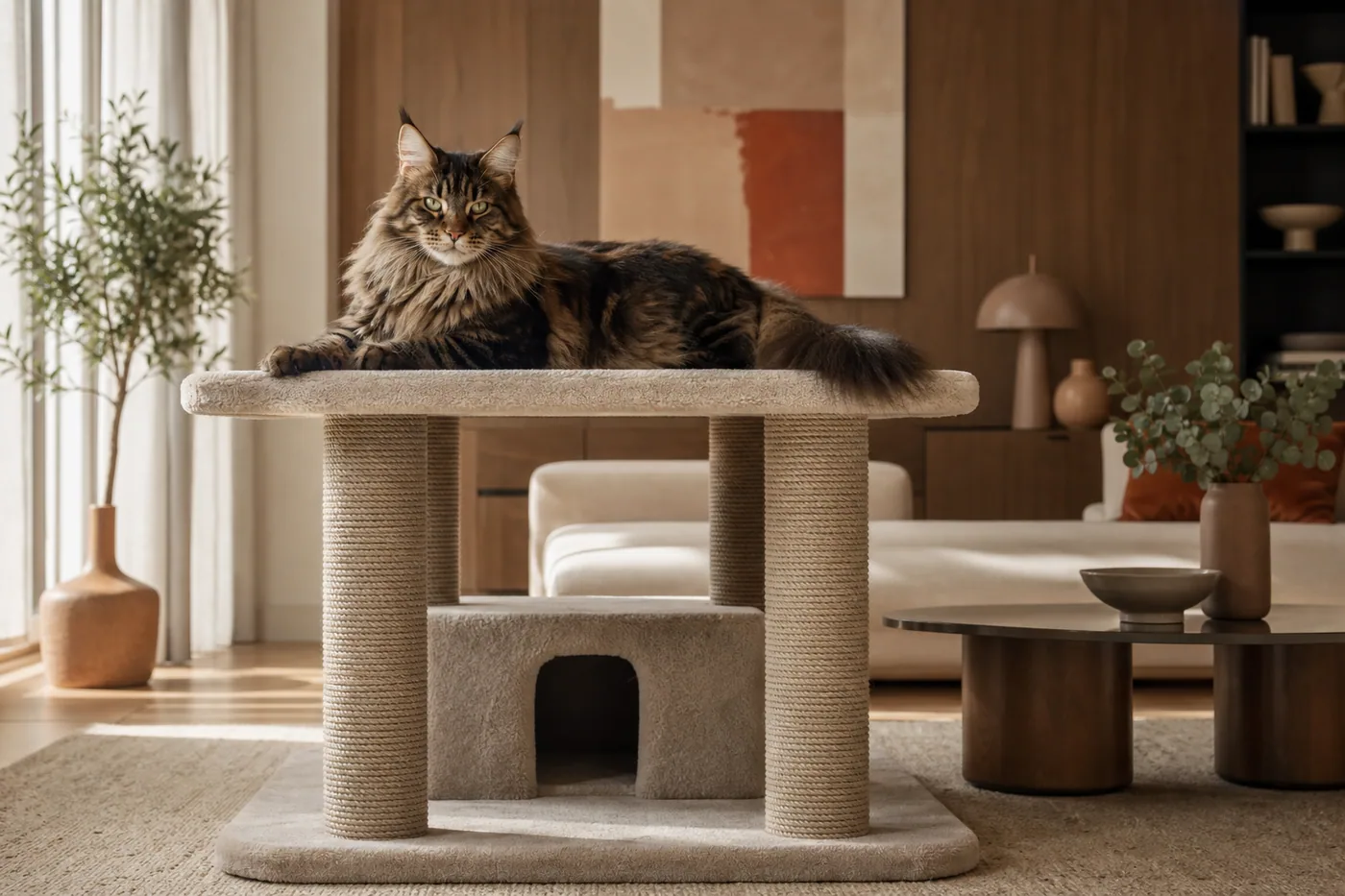 Grand chat de type Maine Coon installé sur la large plateforme d’un arbre à chat stable