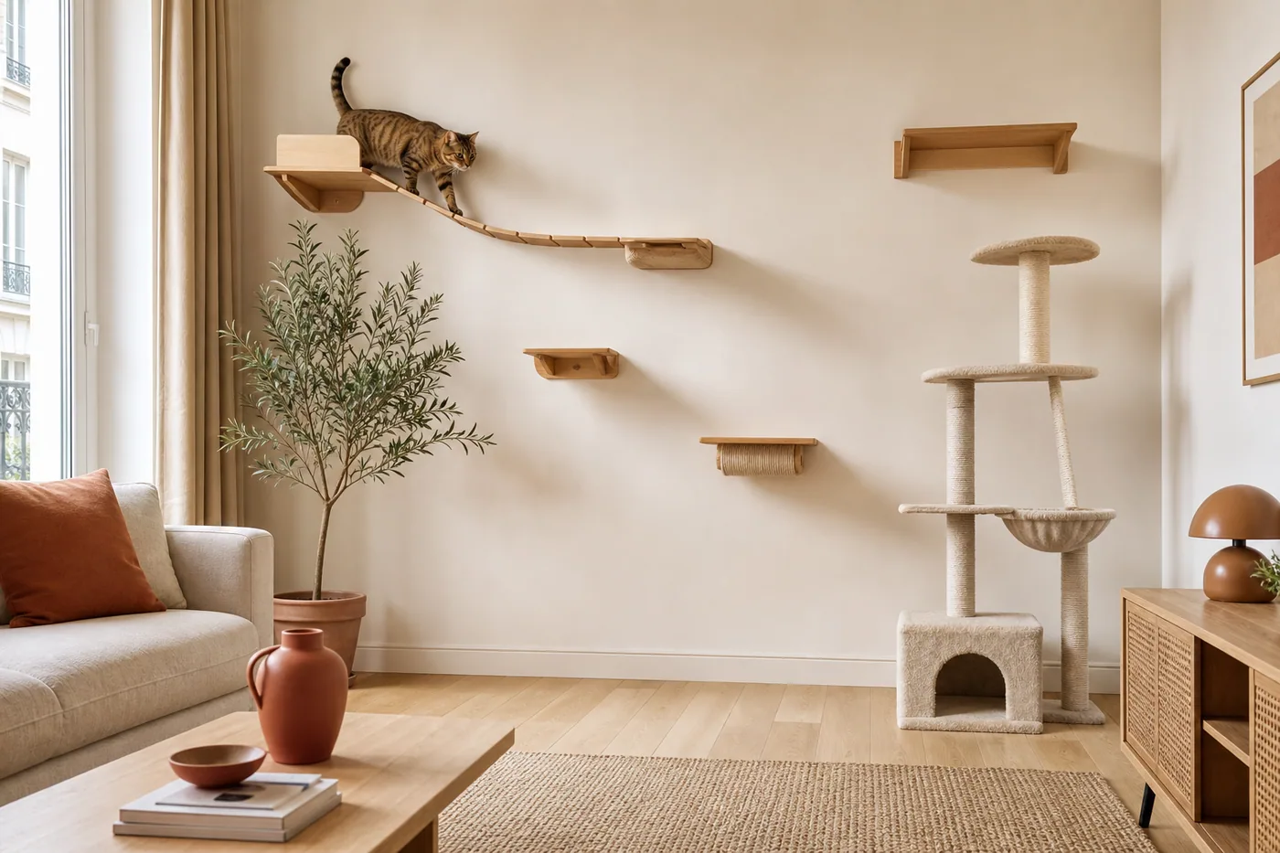 Chat observant un parcours mural installé à côté d’un arbre à chat classique
