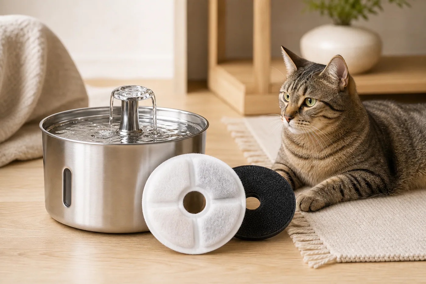 Filtres de rechange propres disposés à côté d’une fontaine à eau pour chat