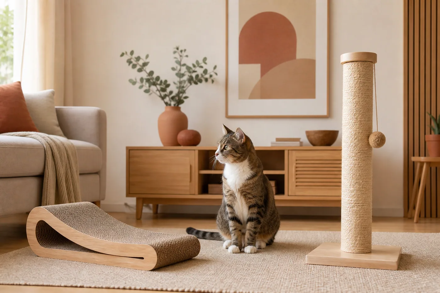 Chat devant un griffoir horizontal en carton et un poteau vertical en sisal