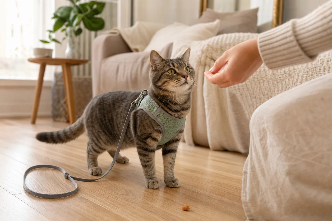 Chat calme portant un harnais ajusté pendant une séance d’apprentissage en intérieur