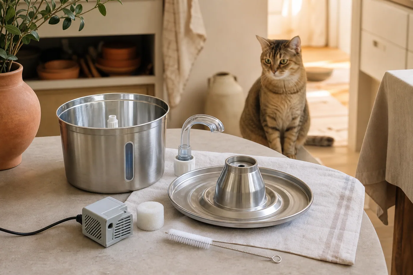 Fontaine à eau pour chat démontée et nettoyée sur un plan de travail lumineux