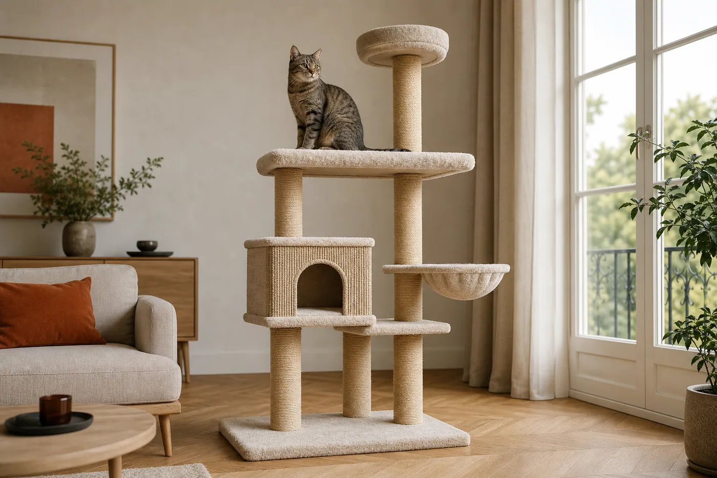 Chat installé sur un arbre à chat stable avec plateformes et poteaux en sisal