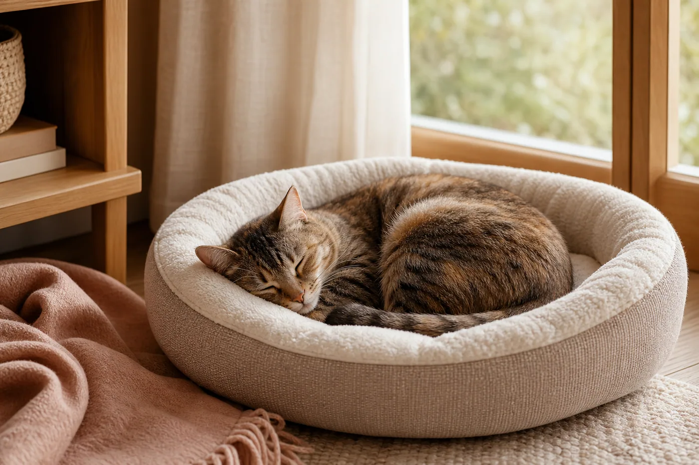 Chat endormi dans un panier doux près d’une fenêtre dans un intérieur chaleureux