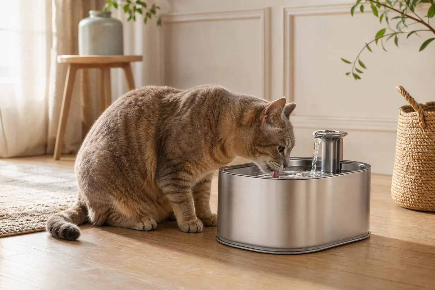 Chat buvant dans une fontaine à eau en inox dans un intérieur lumineux