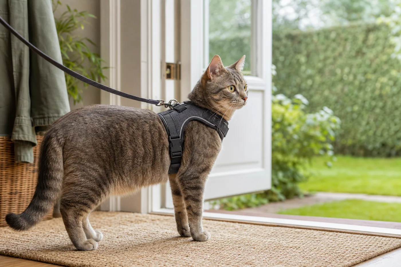Chat portant un harnais ajusté et une laisse devant une porte ouverte sur un jardin