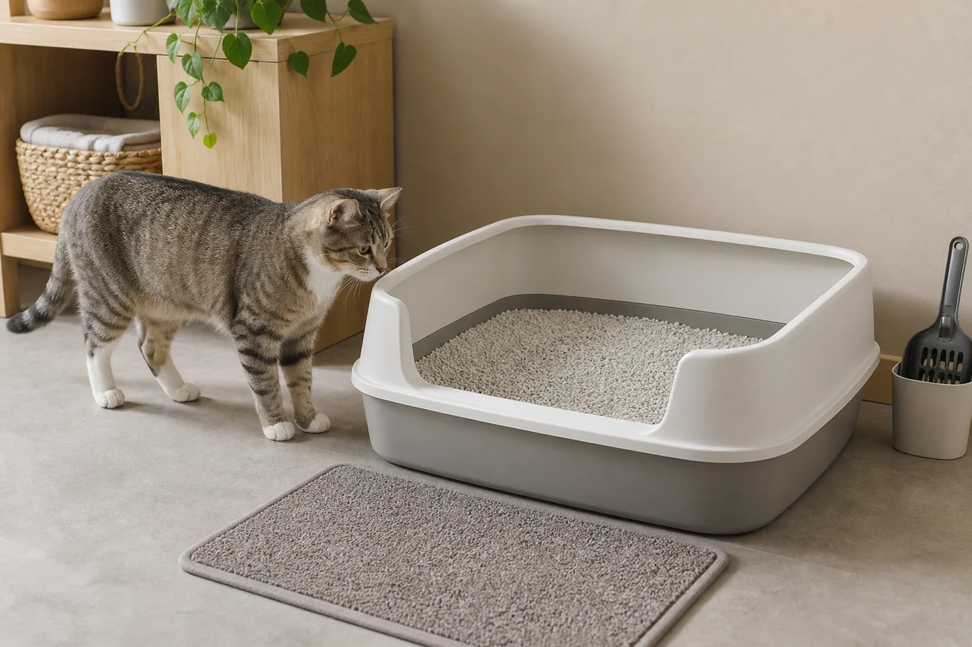 Chat découvrant un grand bac à litière ouvert avec tapis et pelle
