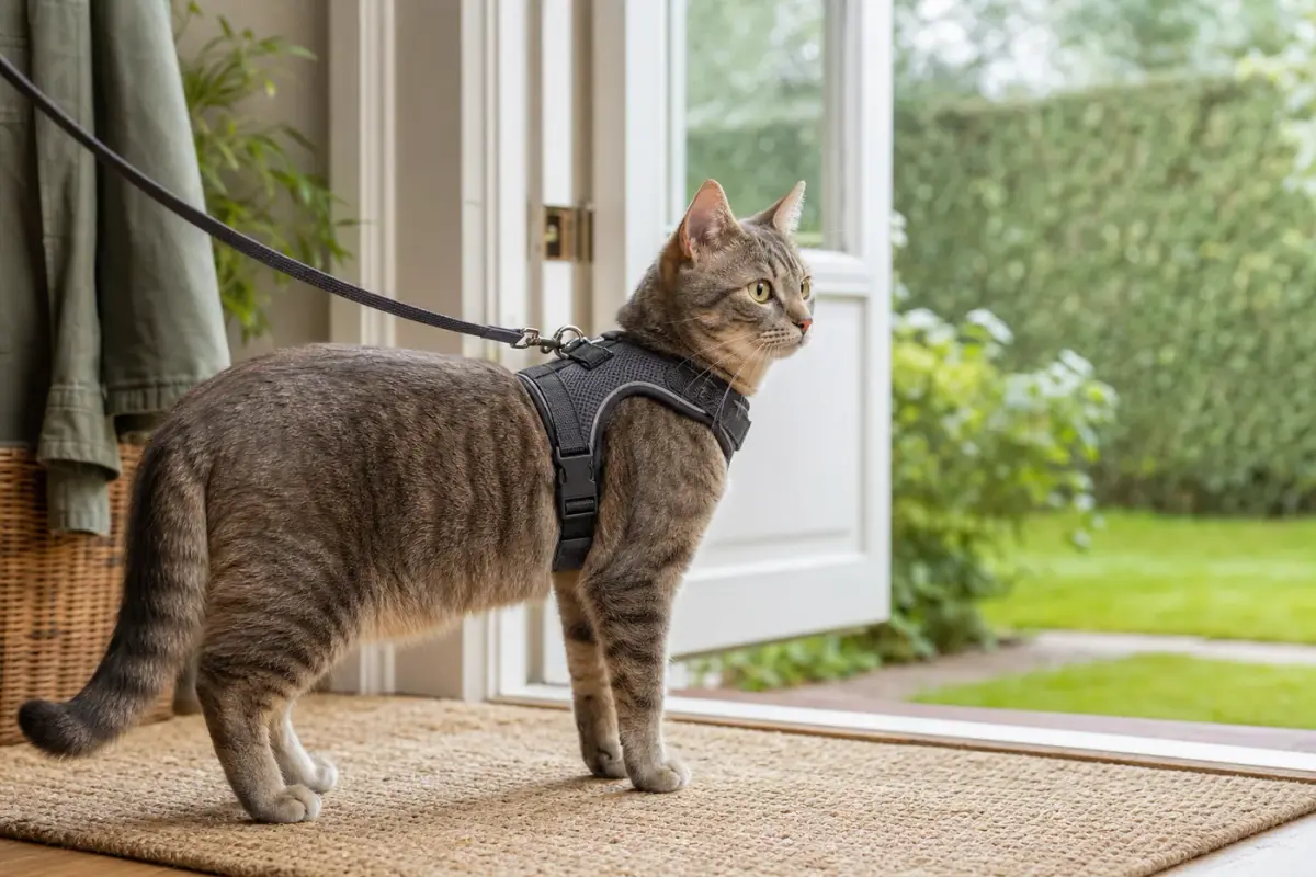Chat portant un harnais ajusté et une laisse devant une porte ouverte sur un jardin