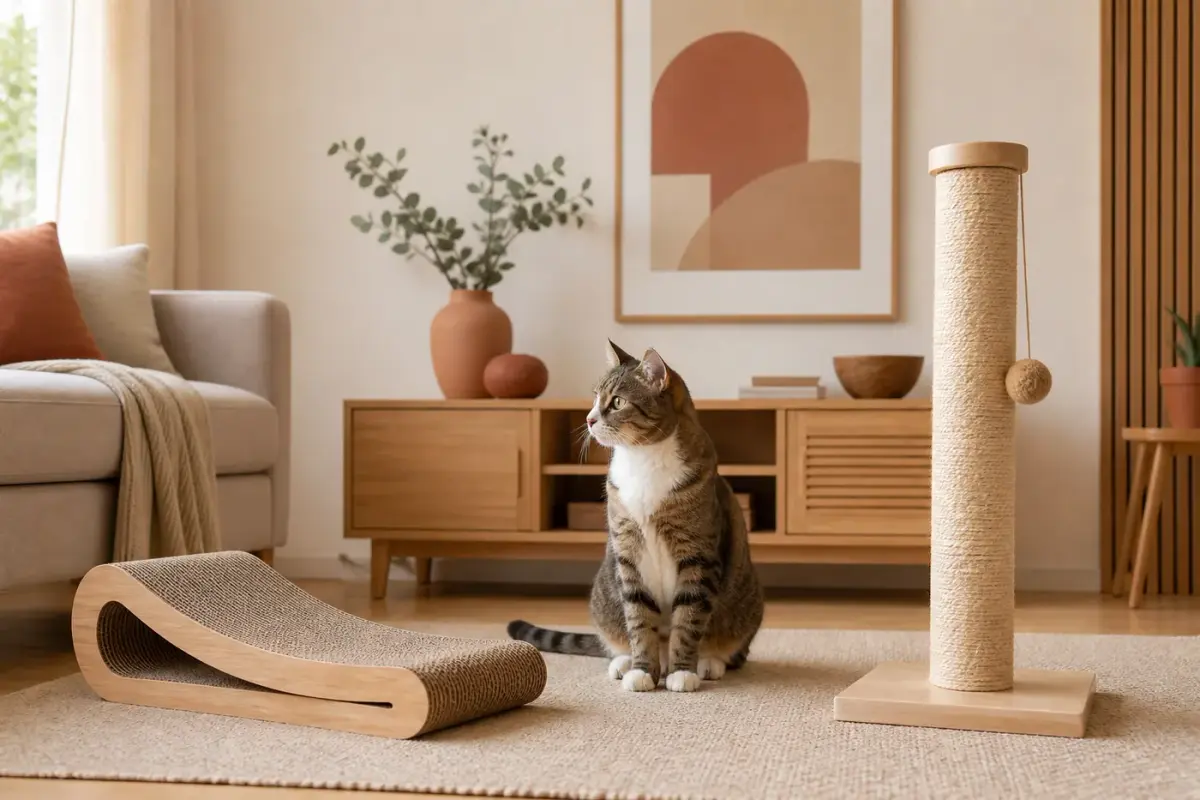 Chat devant un griffoir horizontal en carton et un poteau vertical en sisal