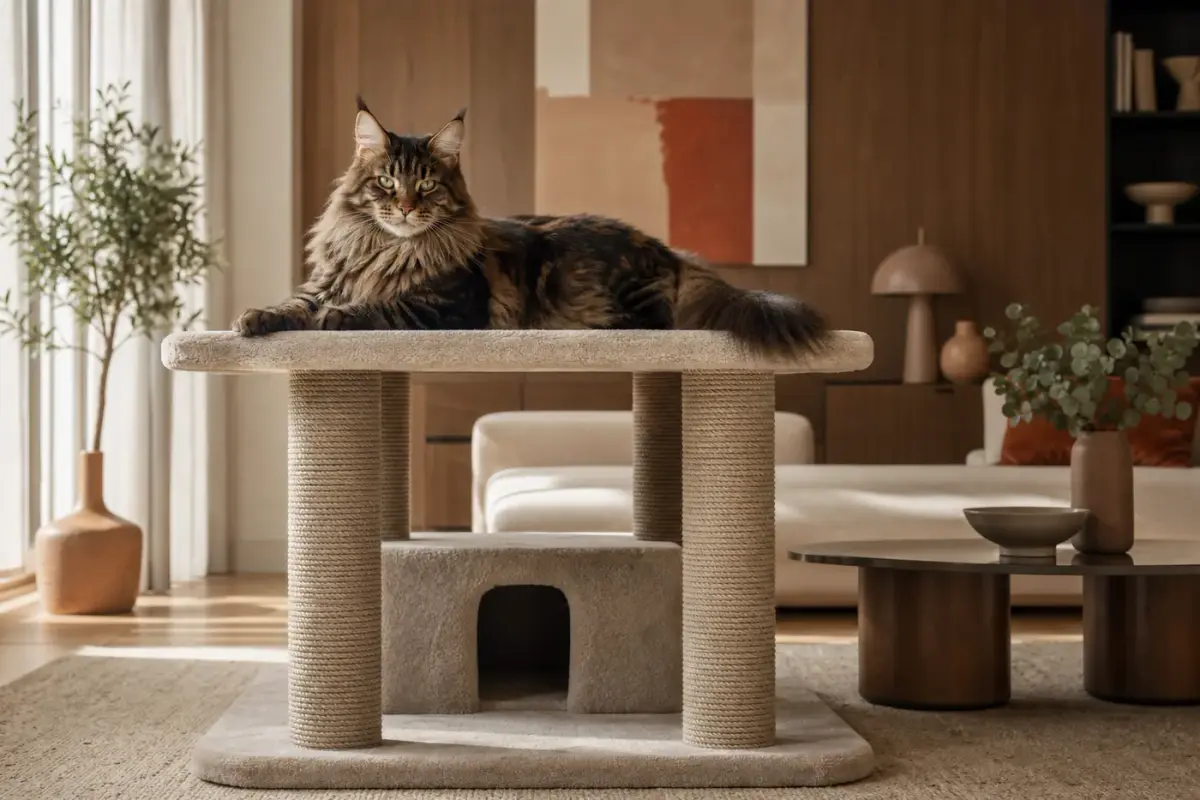 Grand chat de type Maine Coon installé sur la large plateforme d’un arbre à chat stable