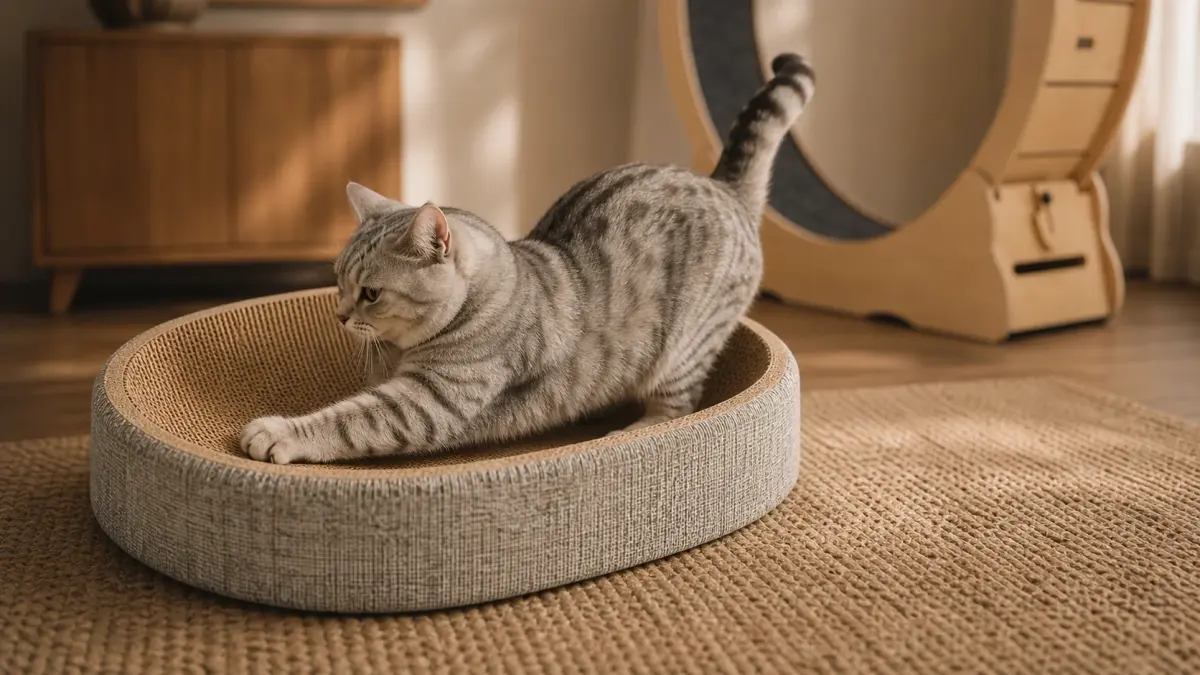 Chat étirant sa patte dans le griffoir couchage ovale