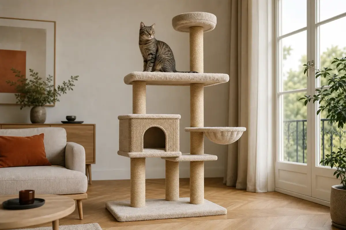 Chat installé sur un arbre à chat stable avec plateformes et poteaux en sisal