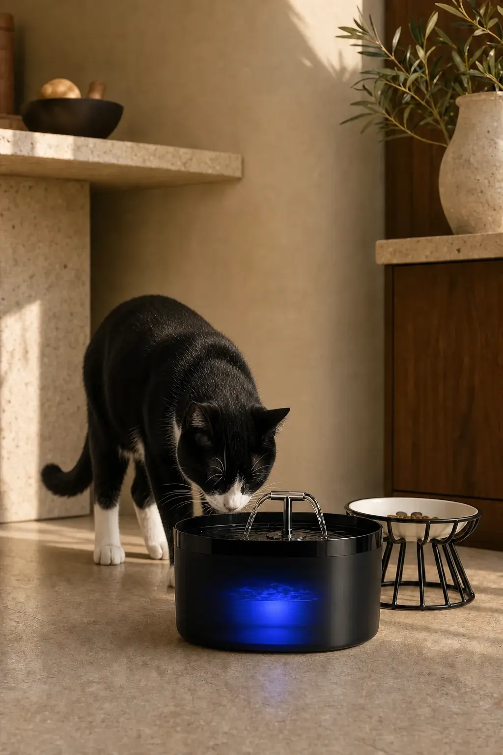 Chat noir et blanc buvant à la fontaine à eau LED près de sa coupelle en céramique