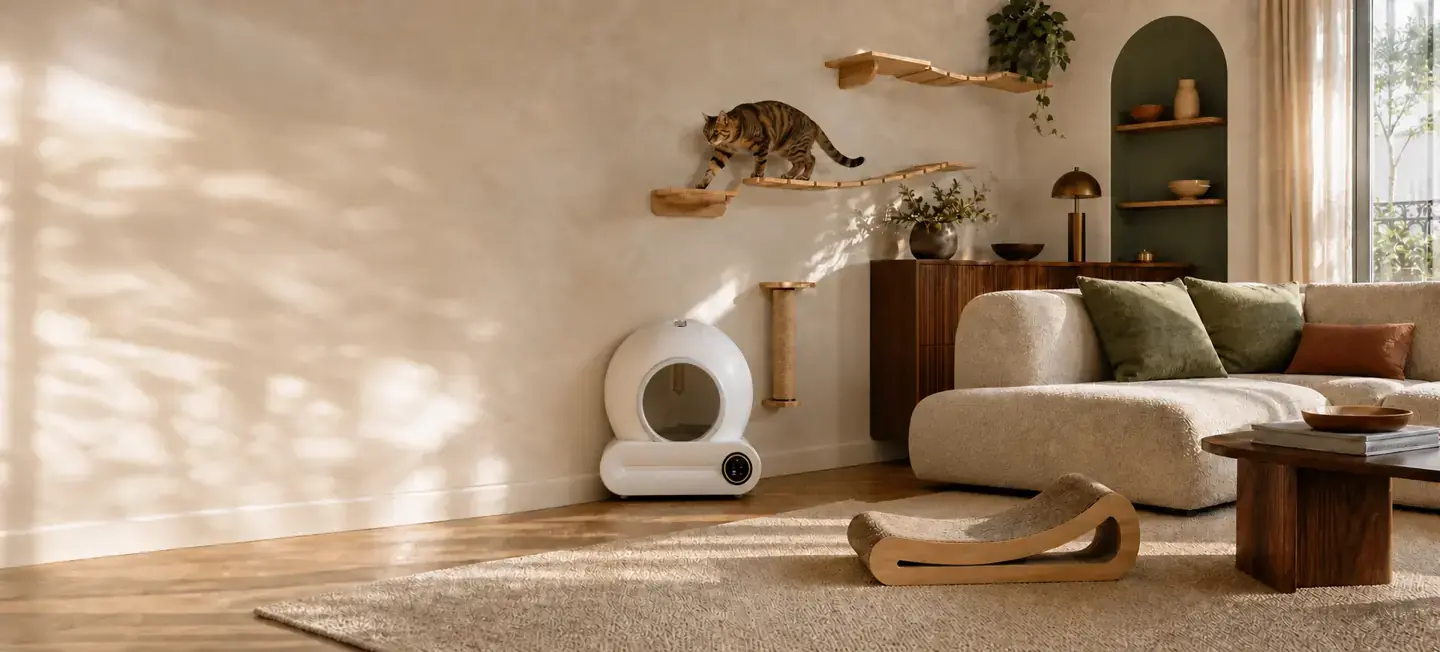 Chat sur un parcours mural avec griffoir et bac à litière automatique dans le salon