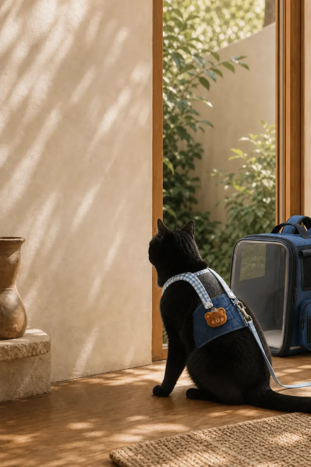 Chat noir portant le harnais denim près du sac à dos de transport transparent