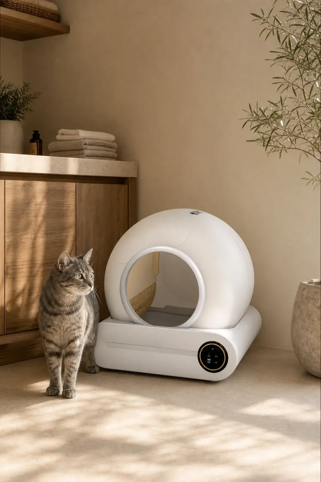 Chat près du bac à litière intelligent automatique
