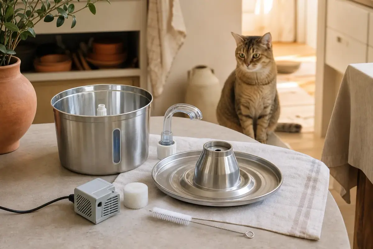 Fontaine à eau pour chat démontée et nettoyée sur un plan de travail lumineux